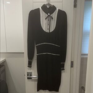 CLASS Roberto Cavalli Black Long-Sleeve Knit Dress with White Trim